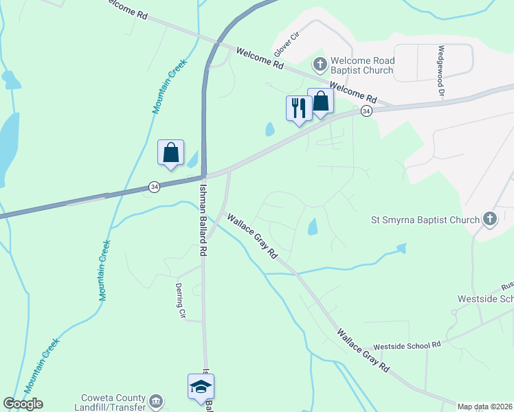 map of restaurants, bars, coffee shops, grocery stores, and more near 155 Chapel Hill Parkway in Newnan
