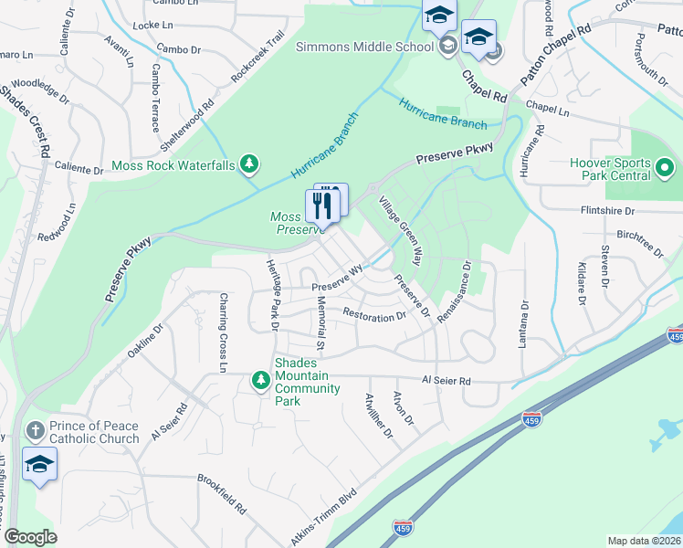 map of restaurants, bars, coffee shops, grocery stores, and more near 637 Preserve Way in Birmingham