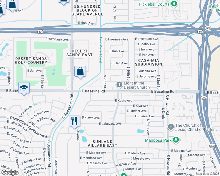 map of restaurants, bars, coffee shops, grocery stores, and more near 7820 East Baseline Road in Mesa