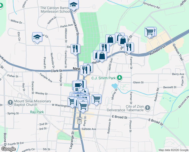 map of restaurants, bars, coffee shops, grocery stores, and more near 35 Augusta Drive in Newnan