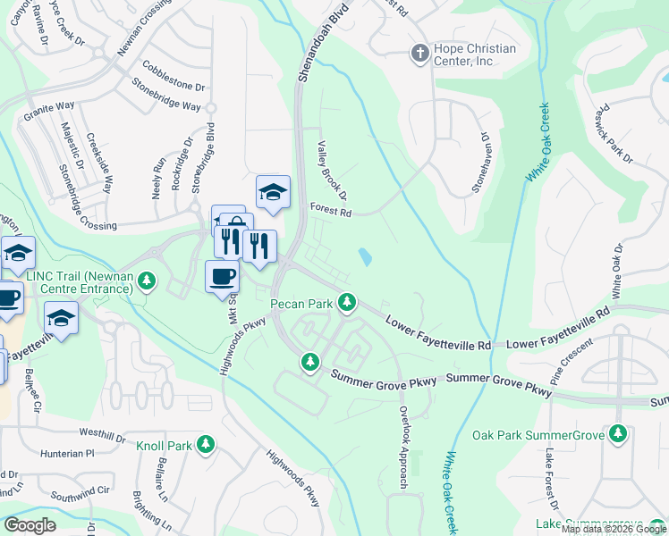 map of restaurants, bars, coffee shops, grocery stores, and more near 458 Forest Road in Newnan