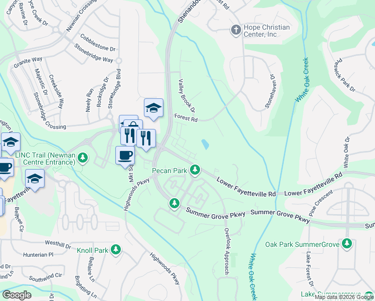 map of restaurants, bars, coffee shops, grocery stores, and more near 458 Forest Road in Newnan
