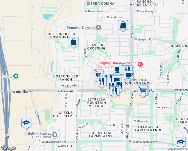 map of restaurants, bars, coffee shops, grocery stores, and more near 7303 South 54th Drive in Laveen