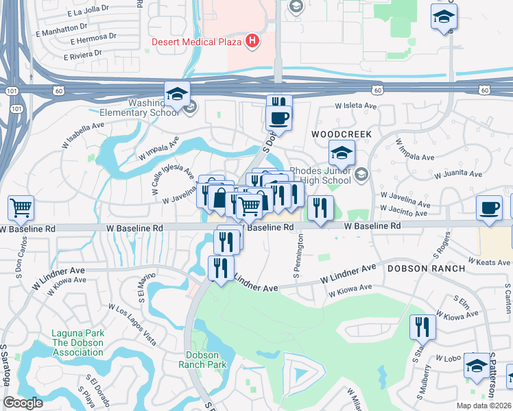 map of restaurants, bars, coffee shops, grocery stores, and more near 1916 West Baseline Road in Mesa