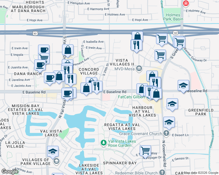 map of restaurants, bars, coffee shops, grocery stores, and more near 1915 South 39th Street in Mesa
