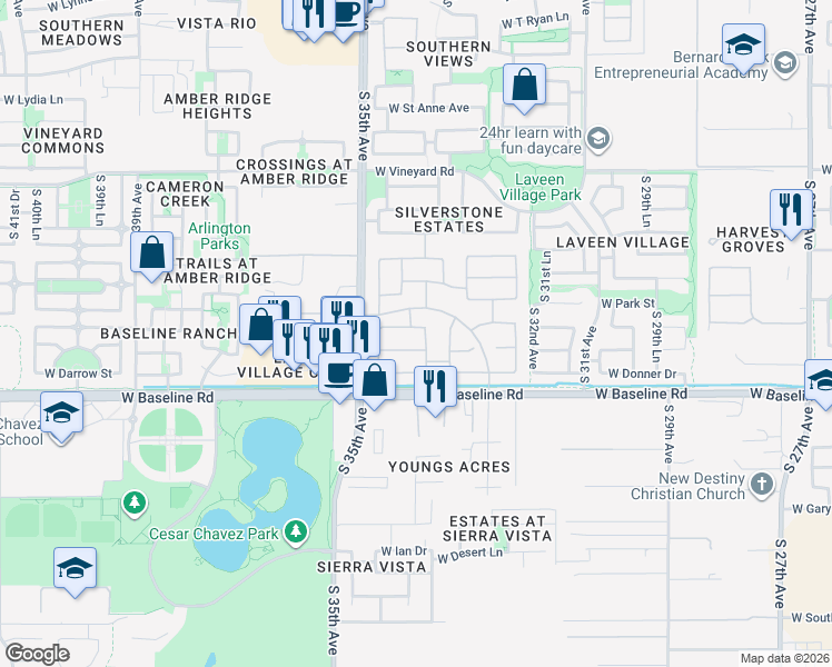 map of restaurants, bars, coffee shops, grocery stores, and more near 3422 West Baseline Road in Phoenix