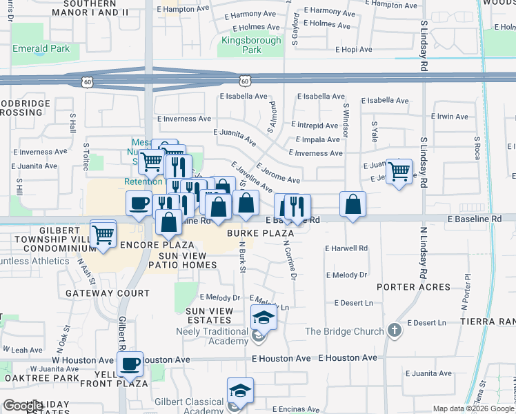 map of restaurants, bars, coffee shops, grocery stores, and more near 1939 S Gaylord Cir in Mesa