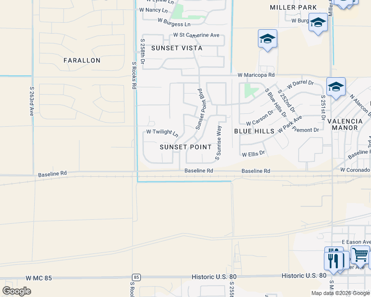 map of restaurants, bars, coffee shops, grocery stores, and more near 7396 South Morning Dew Lane in Buckeye