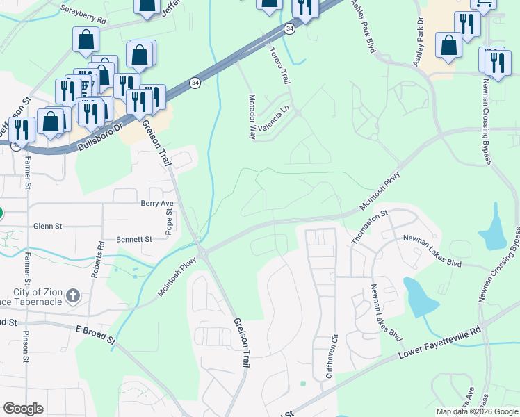 map of restaurants, bars, coffee shops, grocery stores, and more near 90 Brown Ridge Drive in Newnan