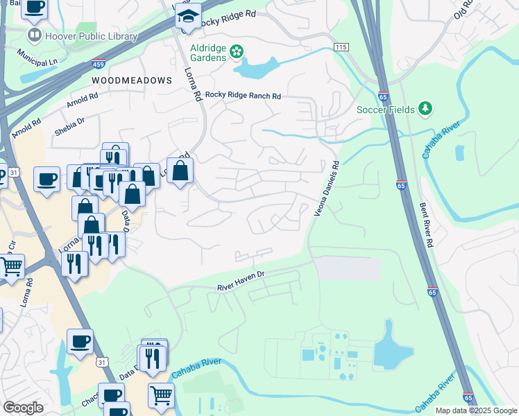 map of restaurants, bars, coffee shops, grocery stores, and more near Rime Village Drive in Hoover
