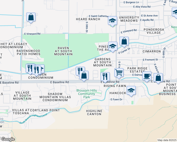 map of restaurants, bars, coffee shops, grocery stores, and more near 3802 East Baseline Road in Phoenix