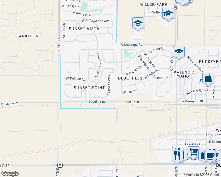 map of restaurants, bars, coffee shops, grocery stores, and more near 7407 South Sunrise Way in Buckeye