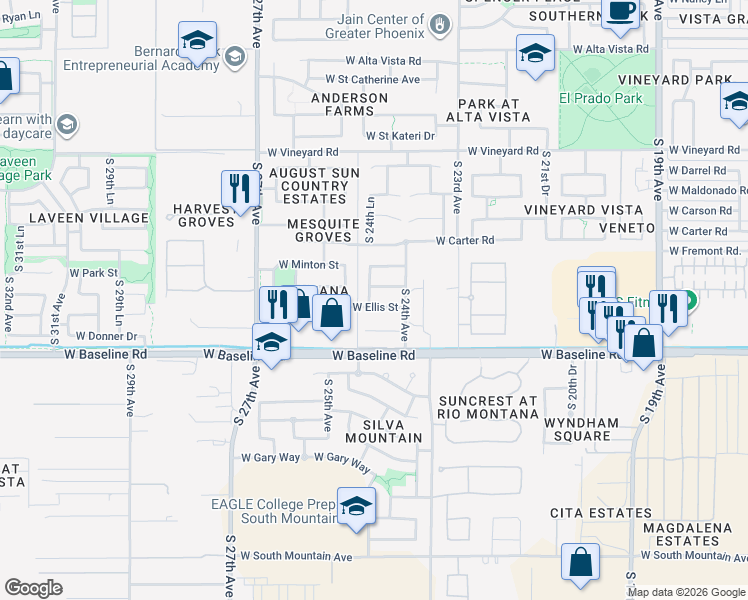 map of restaurants, bars, coffee shops, grocery stores, and more near 2426 West Ellis Street in Phoenix