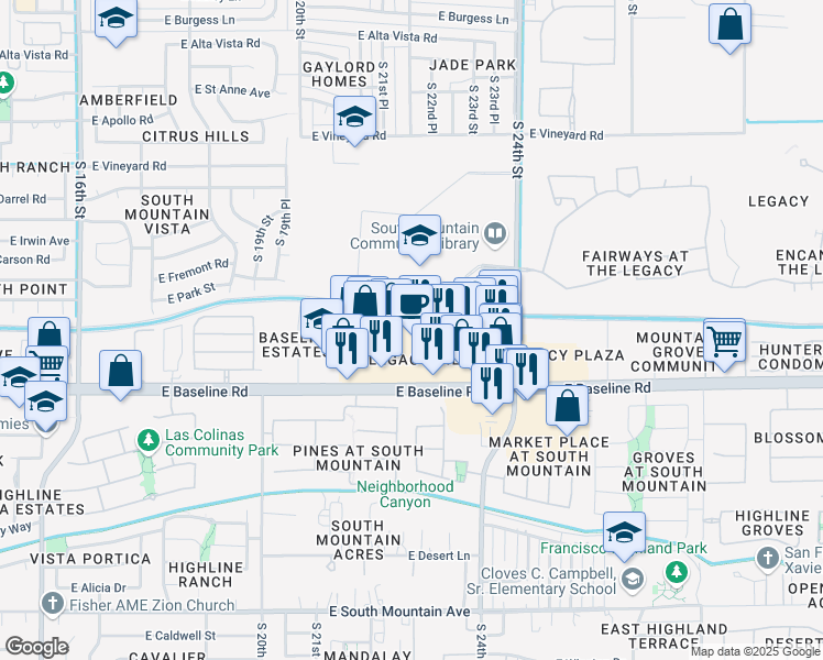 map of restaurants, bars, coffee shops, grocery stores, and more near 2140 East Baseline Road in Phoenix