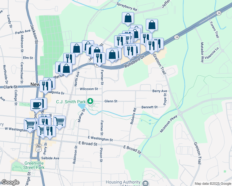 map of restaurants, bars, coffee shops, grocery stores, and more near 43 Berry Avenue in Newnan