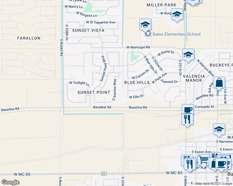 map of restaurants, bars, coffee shops, grocery stores, and more near 7427 South Sunrise Way in Buckeye