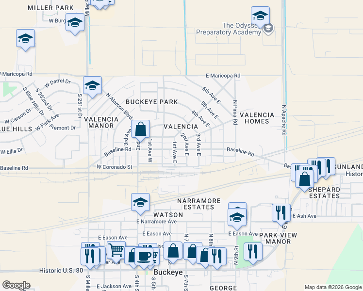 map of restaurants, bars, coffee shops, grocery stores, and more near 206 Baseline Road in Buckeye