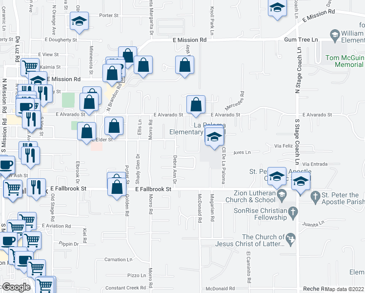 map of restaurants, bars, coffee shops, grocery stores, and more near 1098 Carryll Park Court in Fallbrook