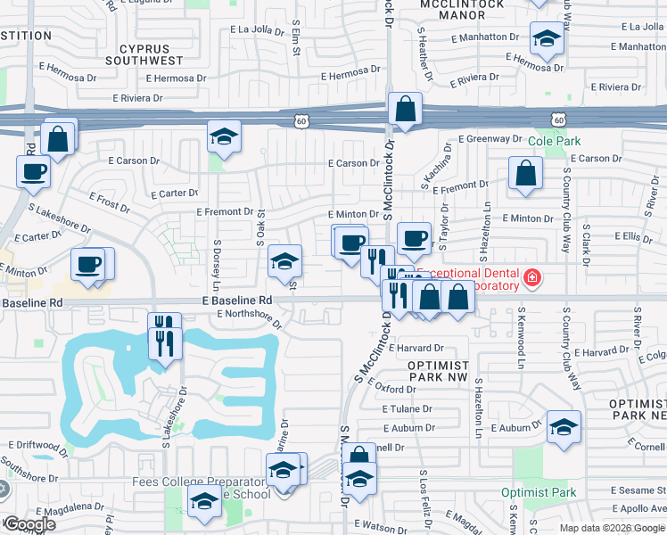 map of restaurants, bars, coffee shops, grocery stores, and more near 1623 East Logan Drive in Tempe