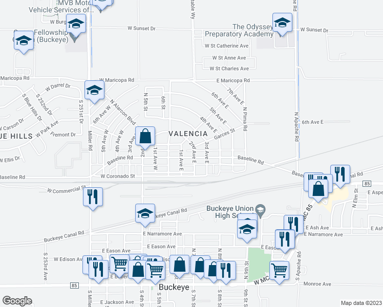 map of restaurants, bars, coffee shops, grocery stores, and more near 206 Baseline Road in Buckeye