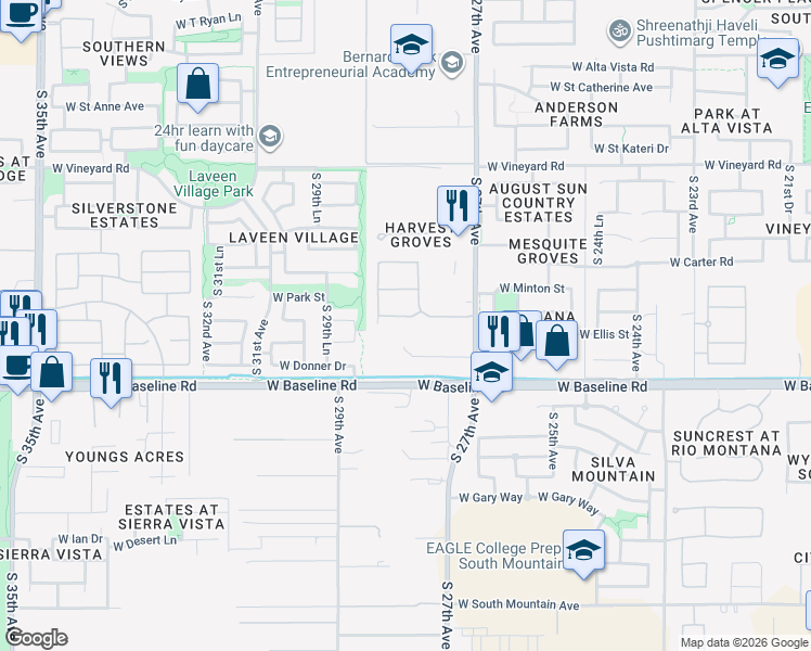 map of restaurants, bars, coffee shops, grocery stores, and more near 2811 West Pollack Street in Phoenix
