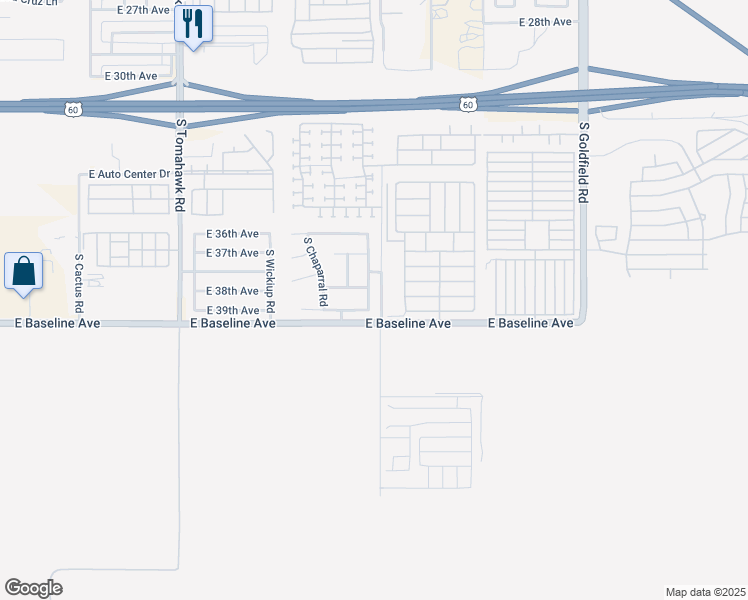 map of restaurants, bars, coffee shops, grocery stores, and more near 3905 South Conestoga Road in Apache Junction