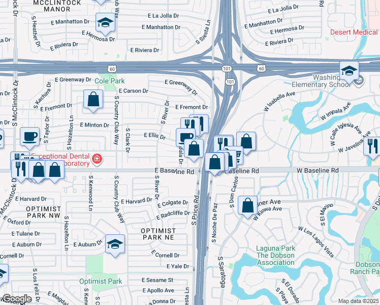 map of restaurants, bars, coffee shops, grocery stores, and more near 5040 South Price Road in Tempe