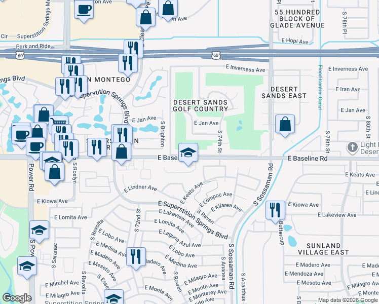 map of restaurants, bars, coffee shops, grocery stores, and more near 7250 East Baseline Road in Mesa