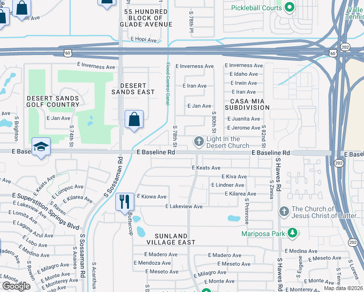 map of restaurants, bars, coffee shops, grocery stores, and more near 7820 East Baseline Road in Mesa