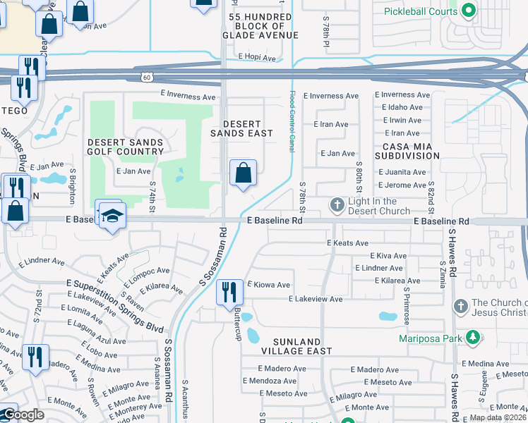 map of restaurants, bars, coffee shops, grocery stores, and more near 7726 East Baseline Road in Mesa