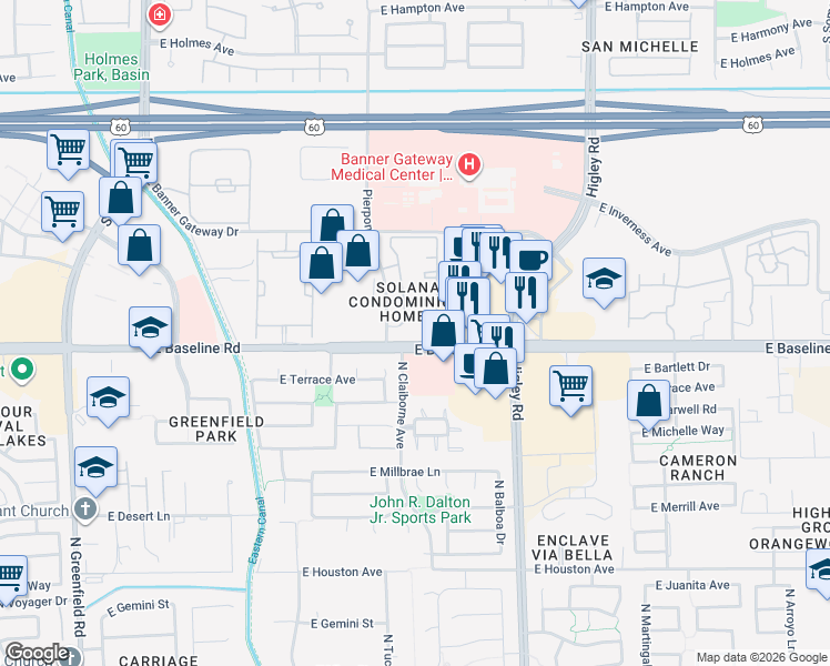 map of restaurants, bars, coffee shops, grocery stores, and more near East Baseline Road in Mesa