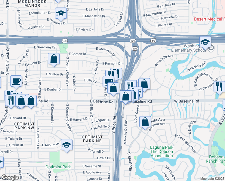 map of restaurants, bars, coffee shops, grocery stores, and more near 5042 South Price Road in Tempe