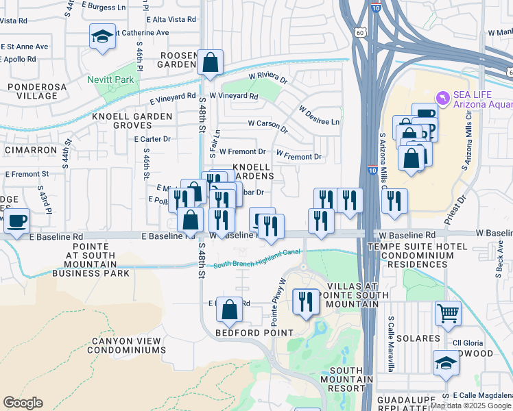 map of restaurants, bars, coffee shops, grocery stores, and more near 2419 West Dunbar Drive in Tempe