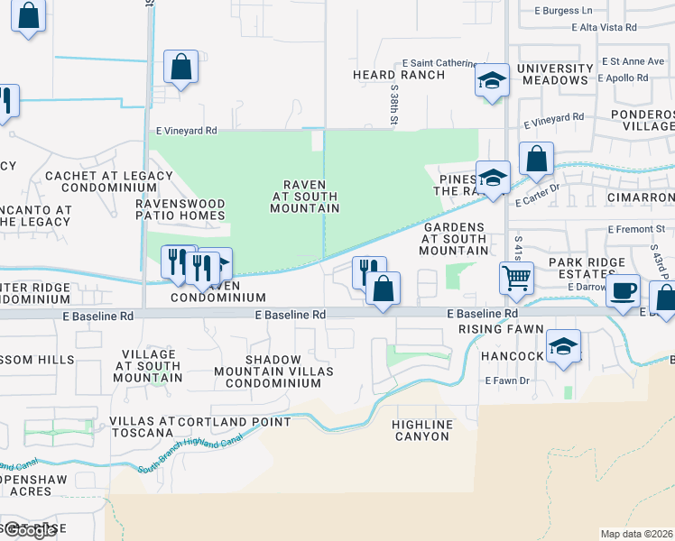 map of restaurants, bars, coffee shops, grocery stores, and more near 3606 East Baseline Road in Phoenix