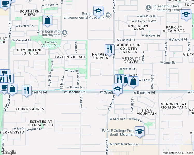 map of restaurants, bars, coffee shops, grocery stores, and more near 2811 West Pollack Street in Phoenix
