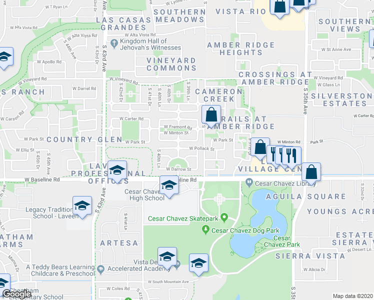 map of restaurants, bars, coffee shops, grocery stores, and more near 7409 South 40th Avenue in Phoenix