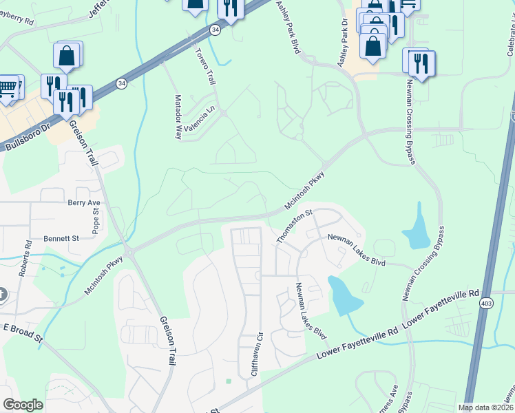 map of restaurants, bars, coffee shops, grocery stores, and more near 217 Cliffhaven Circle in Newnan