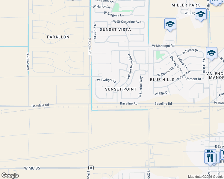map of restaurants, bars, coffee shops, grocery stores, and more near 7413 South Sundown Court in Buckeye