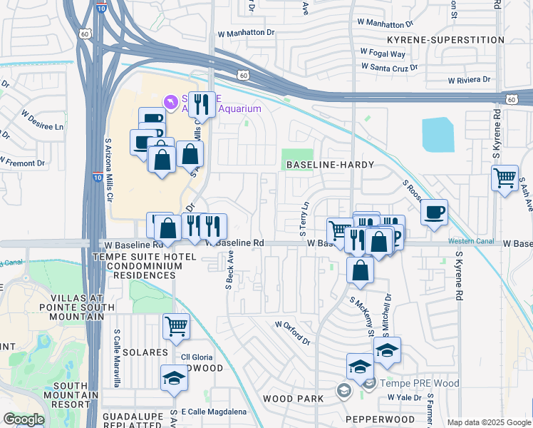 map of restaurants, bars, coffee shops, grocery stores, and more near 5030 South Beck Avenue in Tempe