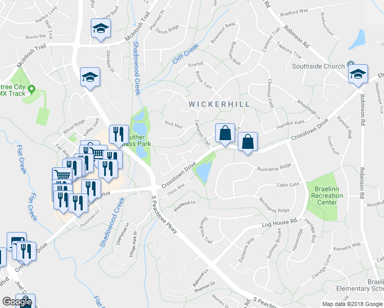 map of restaurants, bars, coffee shops, grocery stores, and more near 213 Shadowbrook Court in Peachtree City