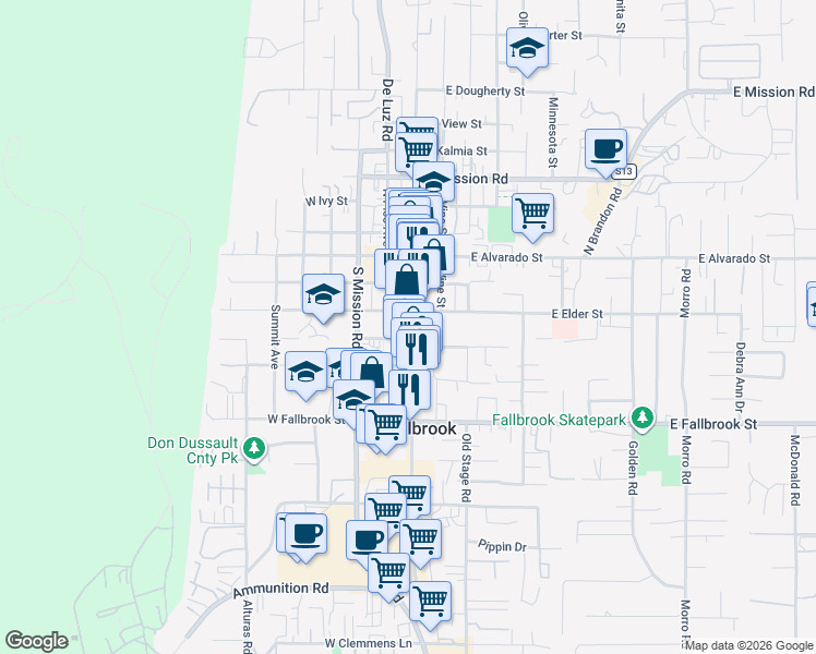 map of restaurants, bars, coffee shops, grocery stores, and more near 119 West College Street in Fallbrook