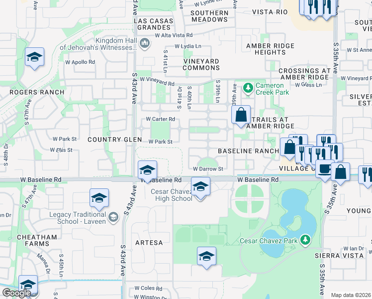 map of restaurants, bars, coffee shops, grocery stores, and more near 7406 South 40th Lane in Phoenix