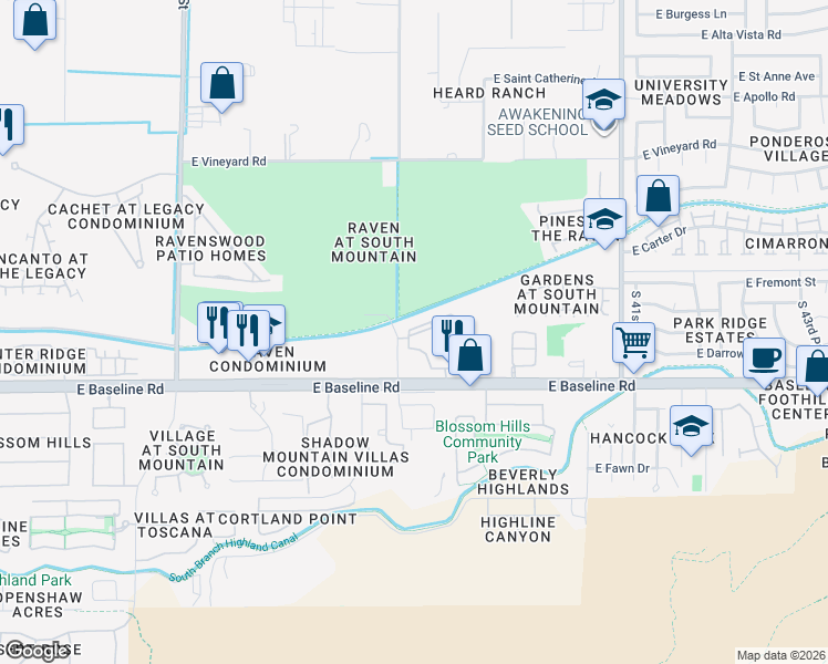 map of restaurants, bars, coffee shops, grocery stores, and more near 3606 East Baseline Road in Phoenix