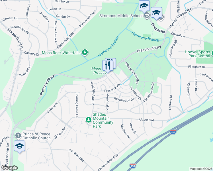 map of restaurants, bars, coffee shops, grocery stores, and more near 4212 Memorial Park Circle in Hoover