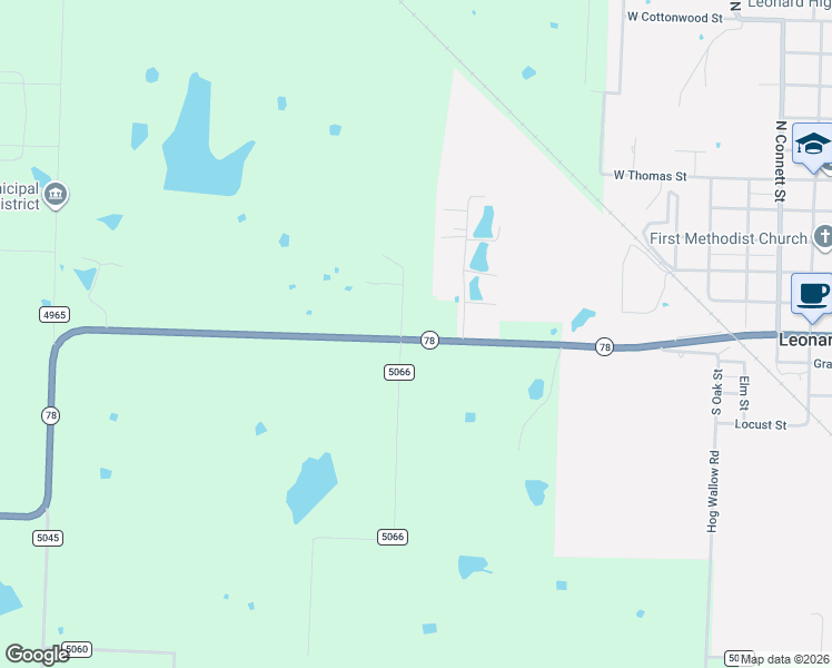 map of restaurants, bars, coffee shops, grocery stores, and more near 16751 Texas 78 in Leonard