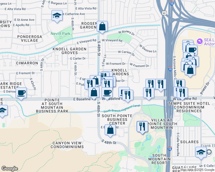 map of restaurants, bars, coffee shops, grocery stores, and more near 2700 West Baseline Road in Tempe