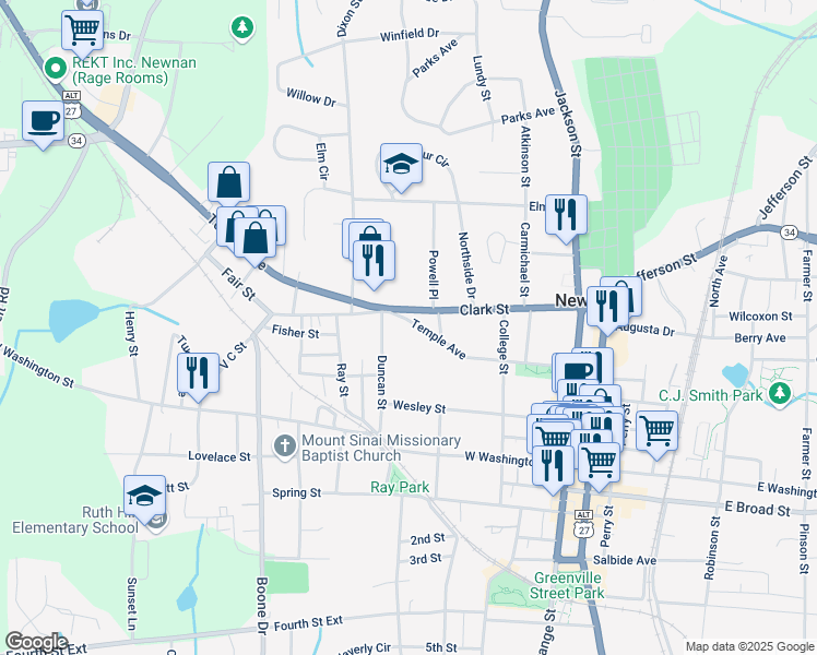 map of restaurants, bars, coffee shops, grocery stores, and more near 76 Temple Avenue in Newnan