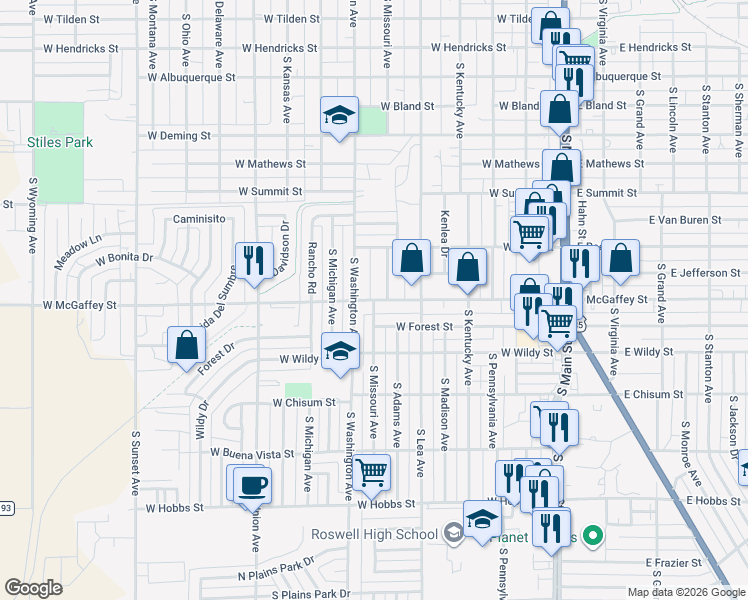 map of restaurants, bars, coffee shops, grocery stores, and more near 1199 South Missouri Avenue in Roswell