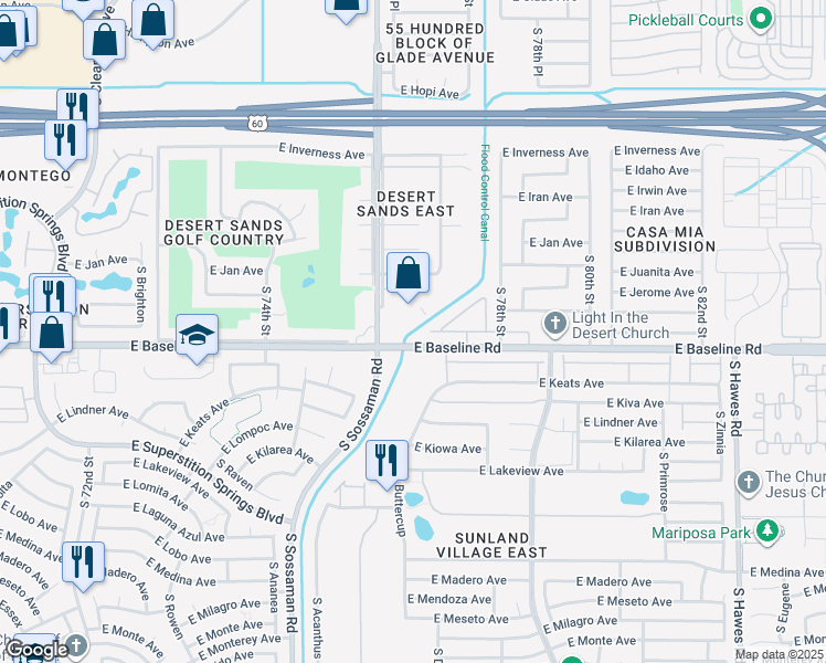 map of restaurants, bars, coffee shops, grocery stores, and more near 7620 East Baseline Road in Mesa