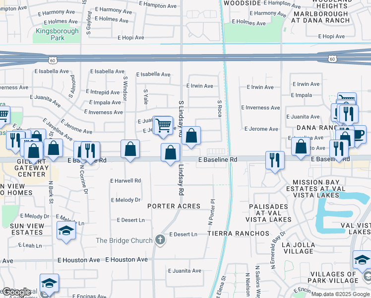 map of restaurants, bars, coffee shops, grocery stores, and more near 2810 East Baseline Road in Mesa